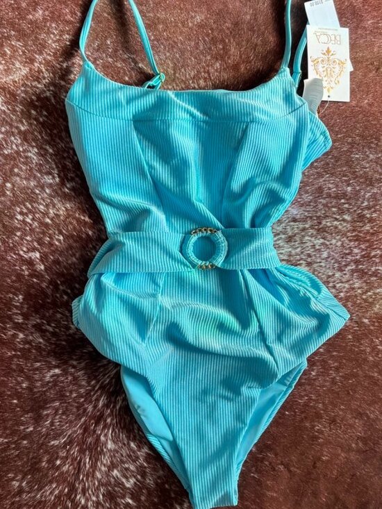 Becca Monte Carlo Belted Rib One Piece Swimsuit Bright Oasis Blue Small - Picture 13 of 16